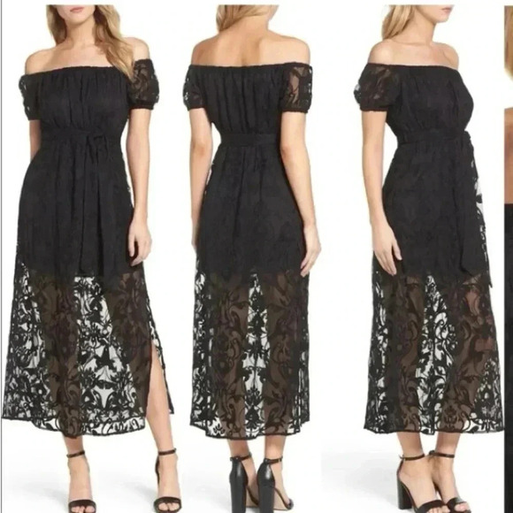 Bardot Black Off The Shoulders Lace Overlay Gracie Midi Dress Size 4 XS - Picture 1 of 9